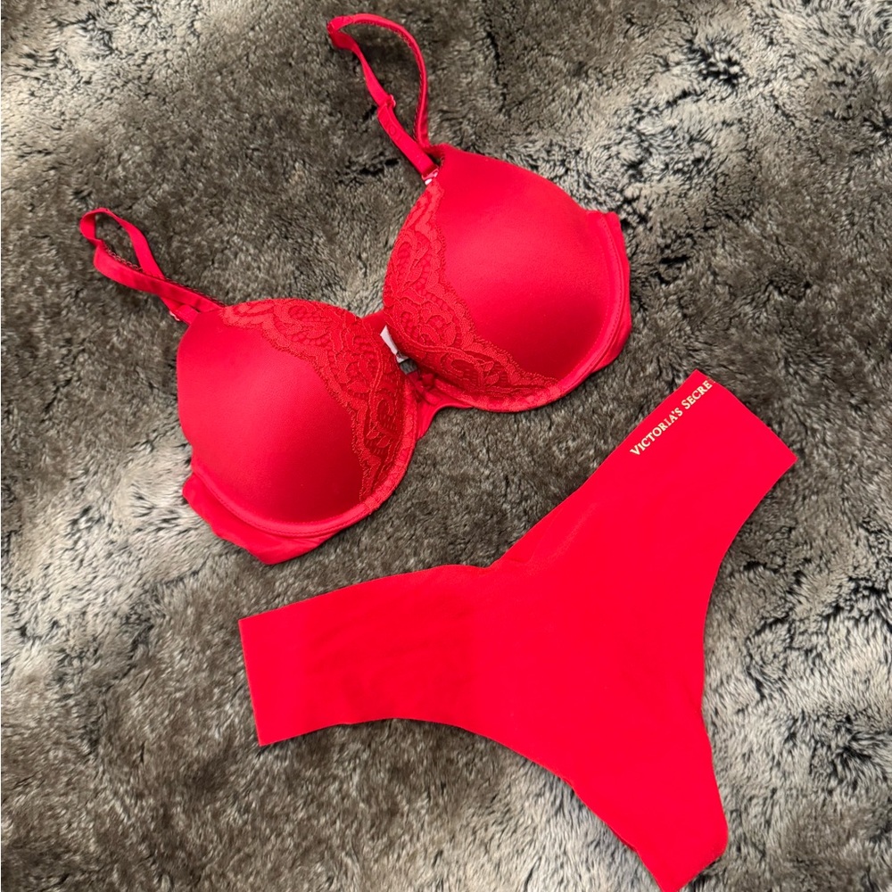 NWOT Victoria's Secret Red Hot Lace Bra (34C) + Seamless Panty Set (M)